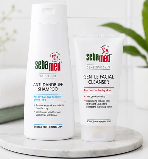 Sebamed Anti Dandruff Shampoo (200ml) & Gentle Facial Cleanser for Normal to Dry Skin (150ml) Combo