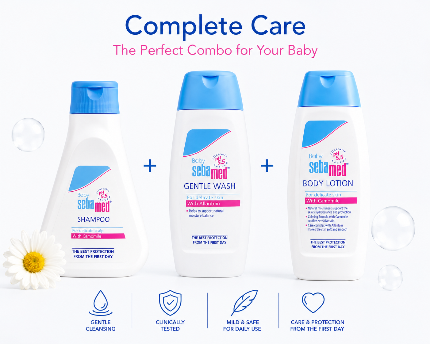 Sebamed Baby Shampoo (150 ml) + Baby Gentle Wash (200 ml) + Baby Body Lotion (100 ml) combo