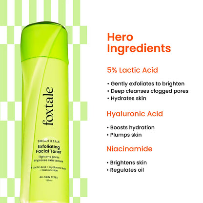 Foxtale Smooth Talk Exfoliating Facial Toner 5% Lactic Acid + Hyaluronic Acid + Niacinamide (150 ml)