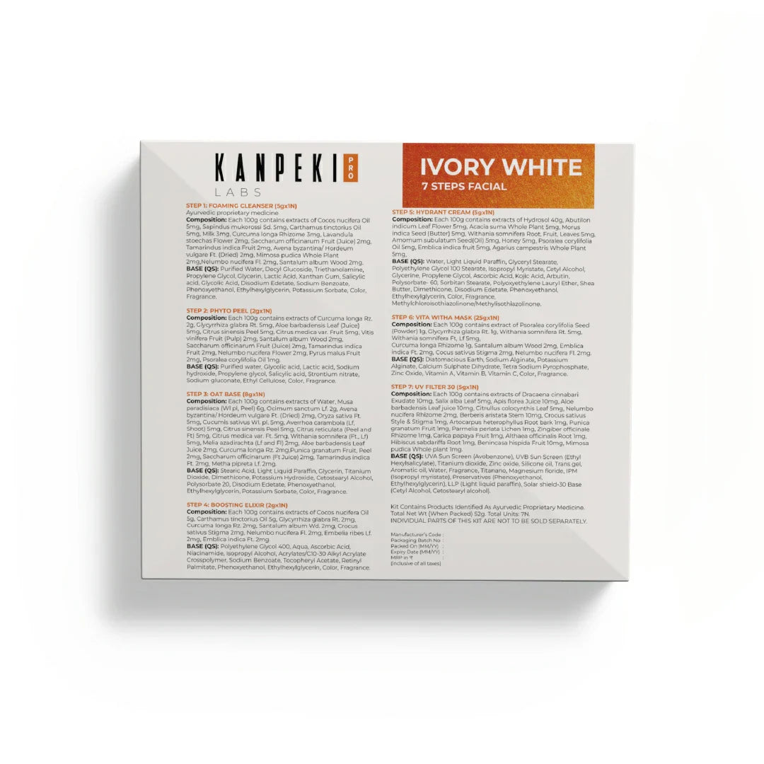 Kanpeki Ivory White - 7 Steps Facial Kit for Hyper-Pigmentation, Dark-Spots, Sun-Tan With Algae Peel Off Mask