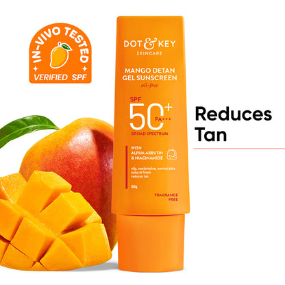 Dot & Key Mango Detan Gel Sunscreen In-Vivo Tested SPF 50+ PA++++, Oil-Free Formula (50g)