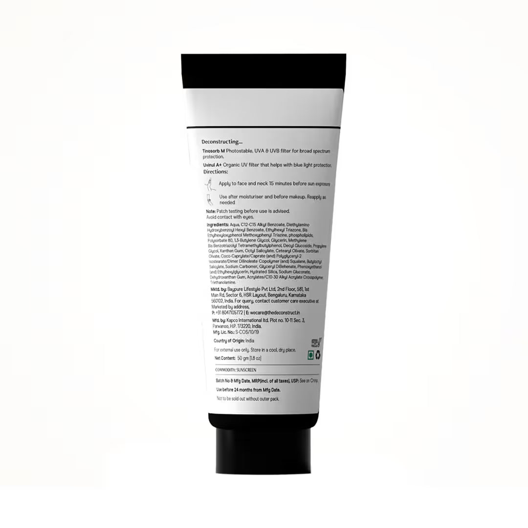 Deconstruct Gel Sunscreen SPF 50+ PA+++, No White Cast, Lightweight, Non-Greasy - In - Vivo Tested (50g)