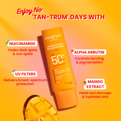 Dot & Key Mango Detan Gel Sunscreen In-Vivo Tested SPF 50+ PA++++, Oil-Free Formula (50g)