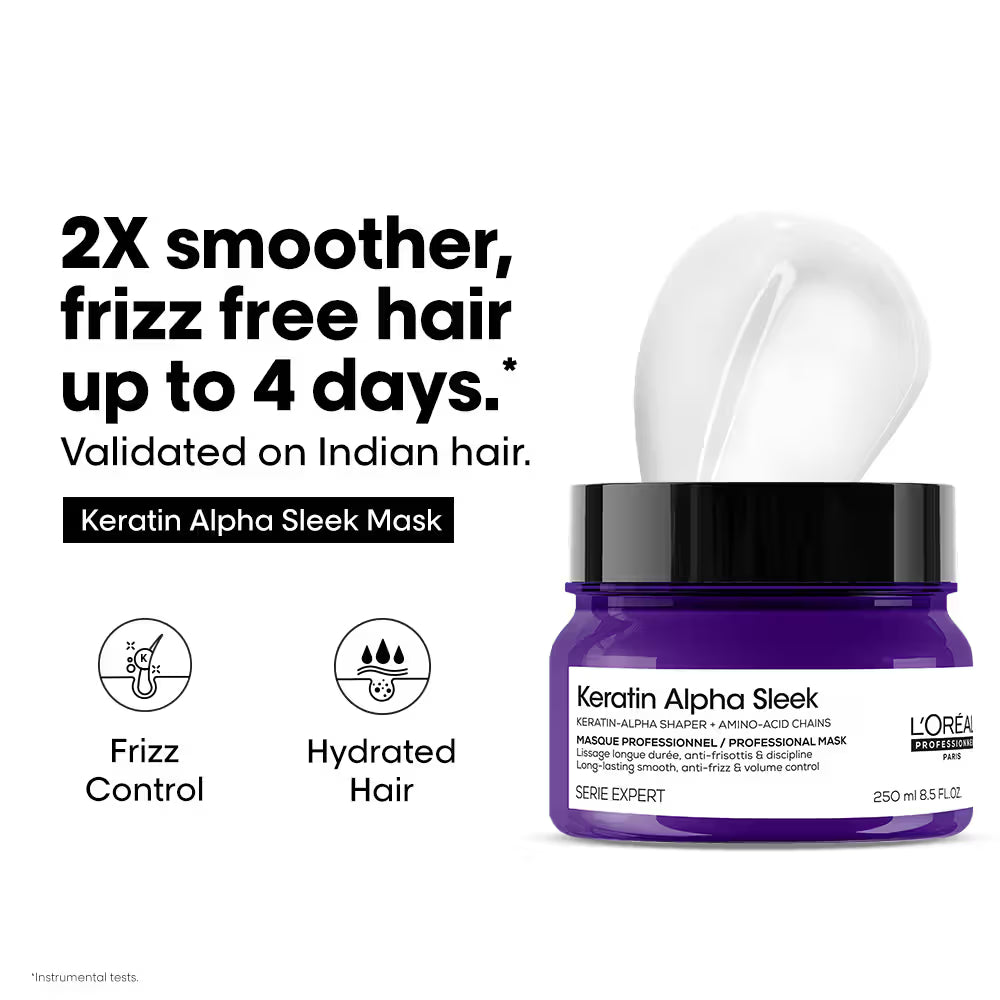 L'Oréal Professionnel Keratin Alpha Sleek Hair Mask, 84% Less Frizz, 5X Instant Smoothness (250ml)