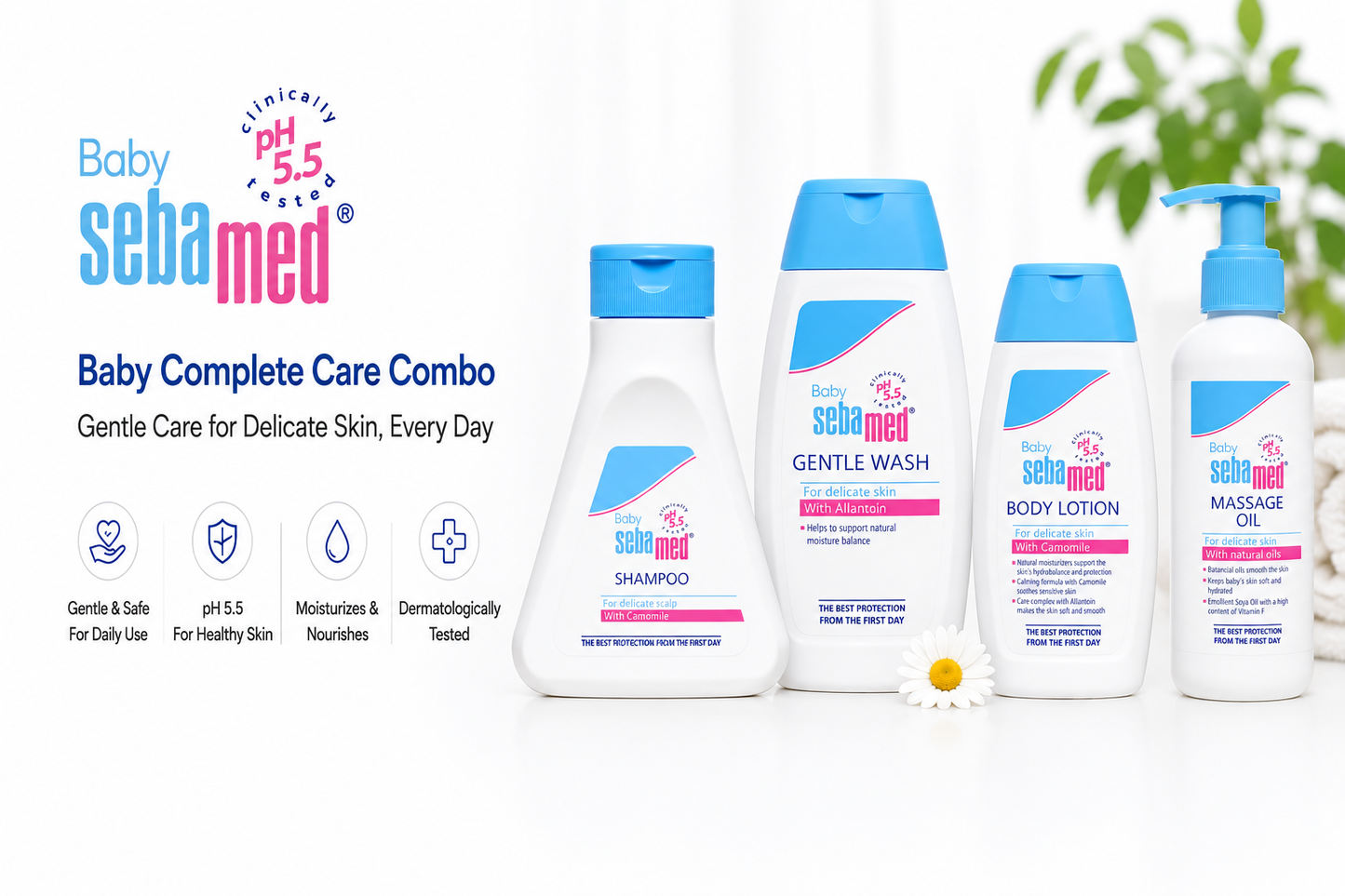 Sebamed Baby Shampoo (150ml) + Baby Gentle Wash (200 ml) + Baby Body Lotion(100ml) + Soothing Massage Oil (150 ml) combo