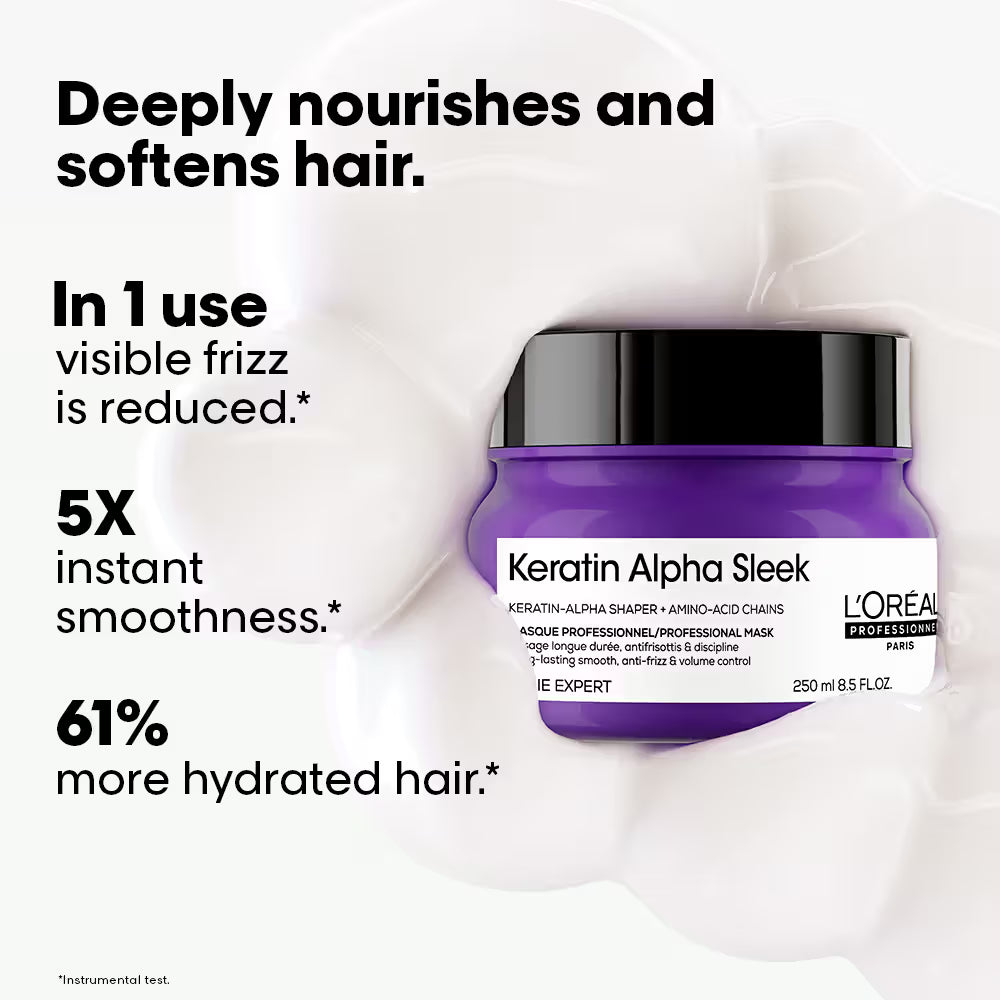 L'Oréal Professionnel Keratin Alpha Sleek Hair Mask, 84% Less Frizz, 5X Instant Smoothness (250ml)