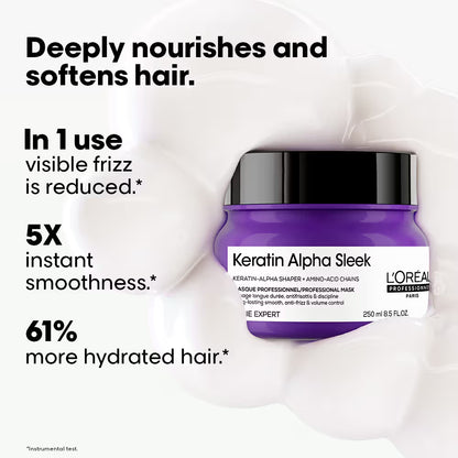 L'Oréal Professionnel Keratin Alpha Sleek Hair Mask, 84% Less Frizz, 5X Instant Smoothness (250ml)