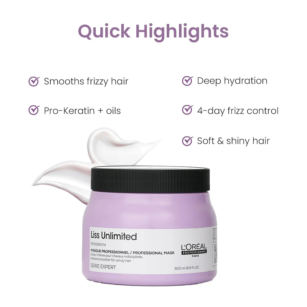 L'OREAL PROFESSIONNEL Liss Unlimited Mask for Frizzy & Unruly Hair With Pro-Keratin. (490 G)