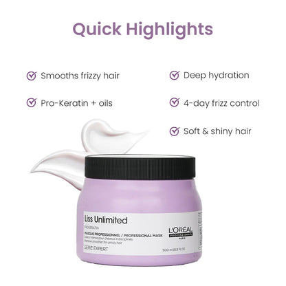 L'OREAL PROFESSIONNEL Liss Unlimited Mask for Frizzy & Unruly Hair With Pro-Keratin. (490 G)