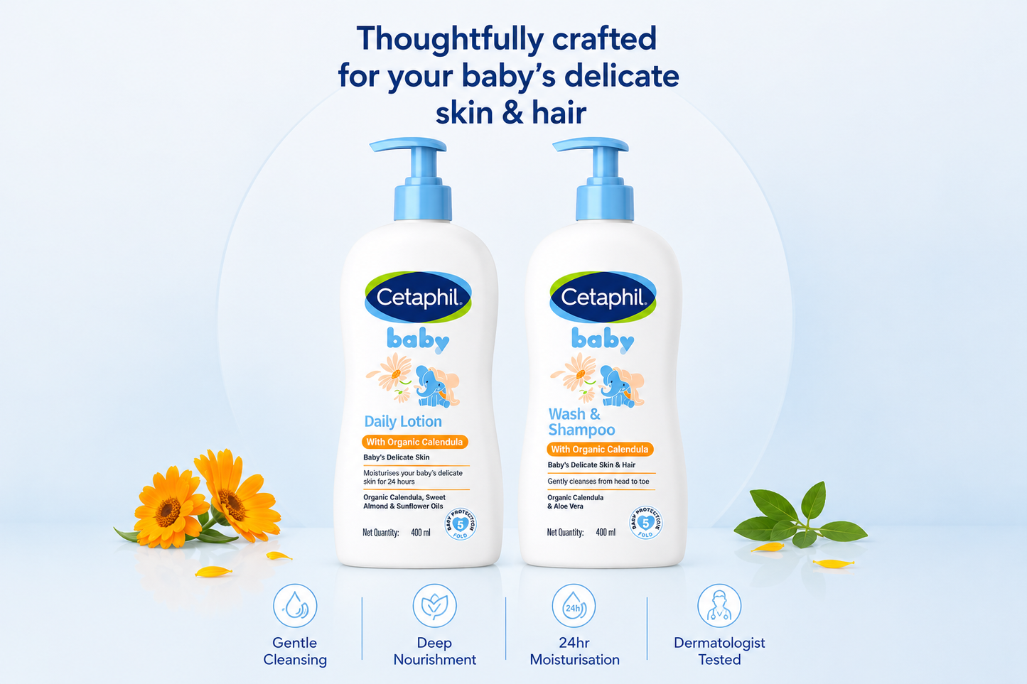 Cetaphil Baby Daily Lotion With Organic Calendula (400 ml) + Wash & Shampoo with Organic Calendula (400ml) combo