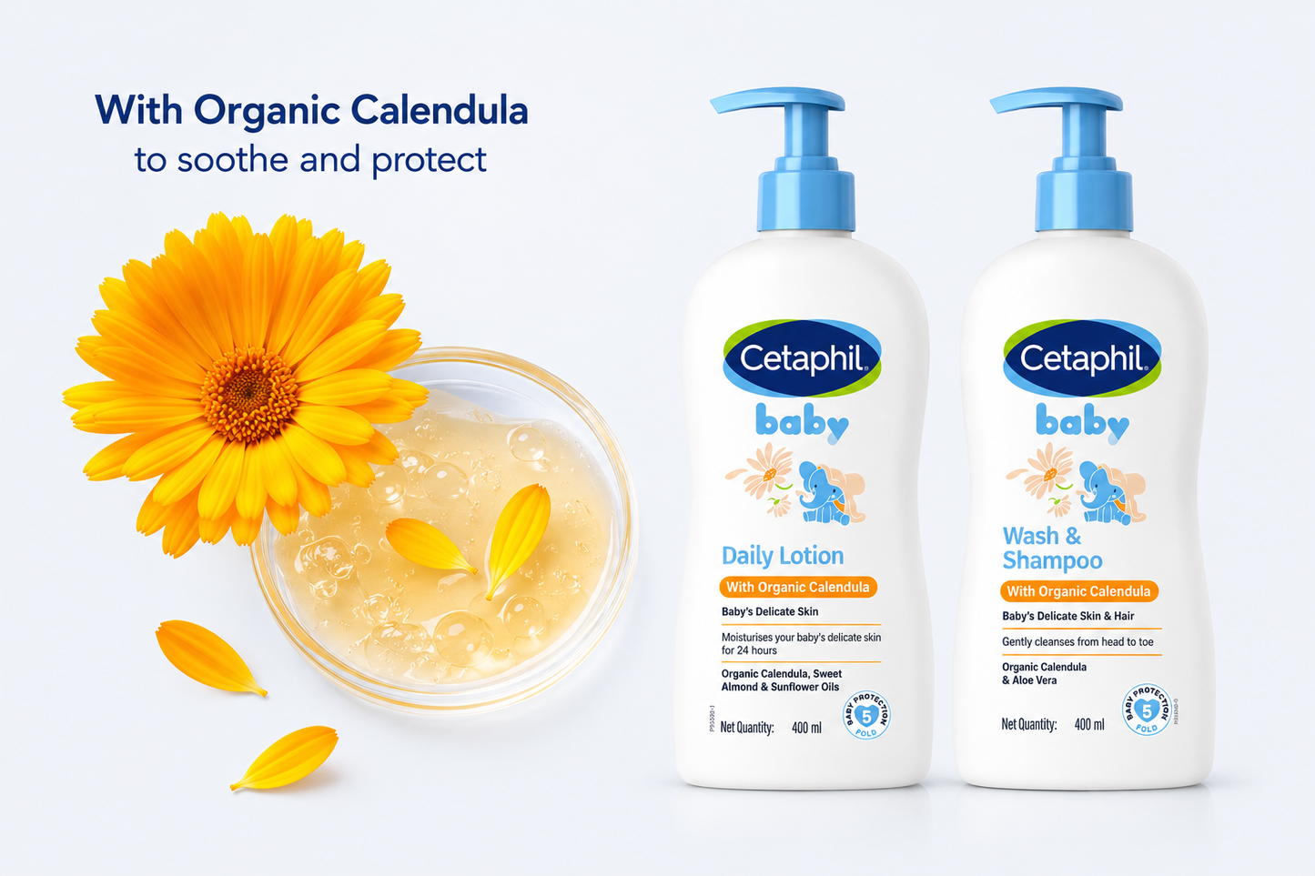Cetaphil Baby Daily Lotion With Organic Calendula (400 ml) + Wash & Shampoo with Organic Calendula (400ml) combo