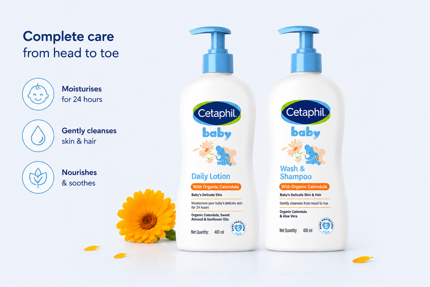 Cetaphil Baby Daily Lotion With Organic Calendula (400 ml) + Wash & Shampoo with Organic Calendula (400ml) combo