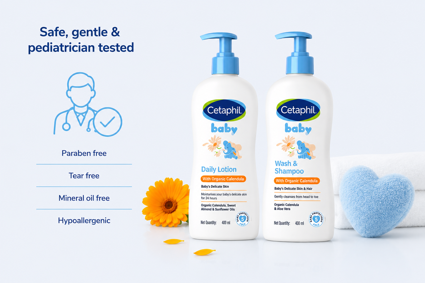 Cetaphil Baby Daily Lotion With Organic Calendula (400 ml) + Wash & Shampoo with Organic Calendula (400ml) combo