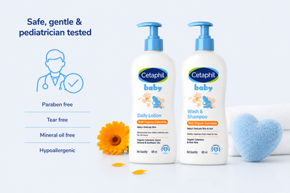 Cetaphil Baby Daily Lotion With Organic Calendula (400 ml) + Wash & Shampoo with Organic Calendula (400ml) combo