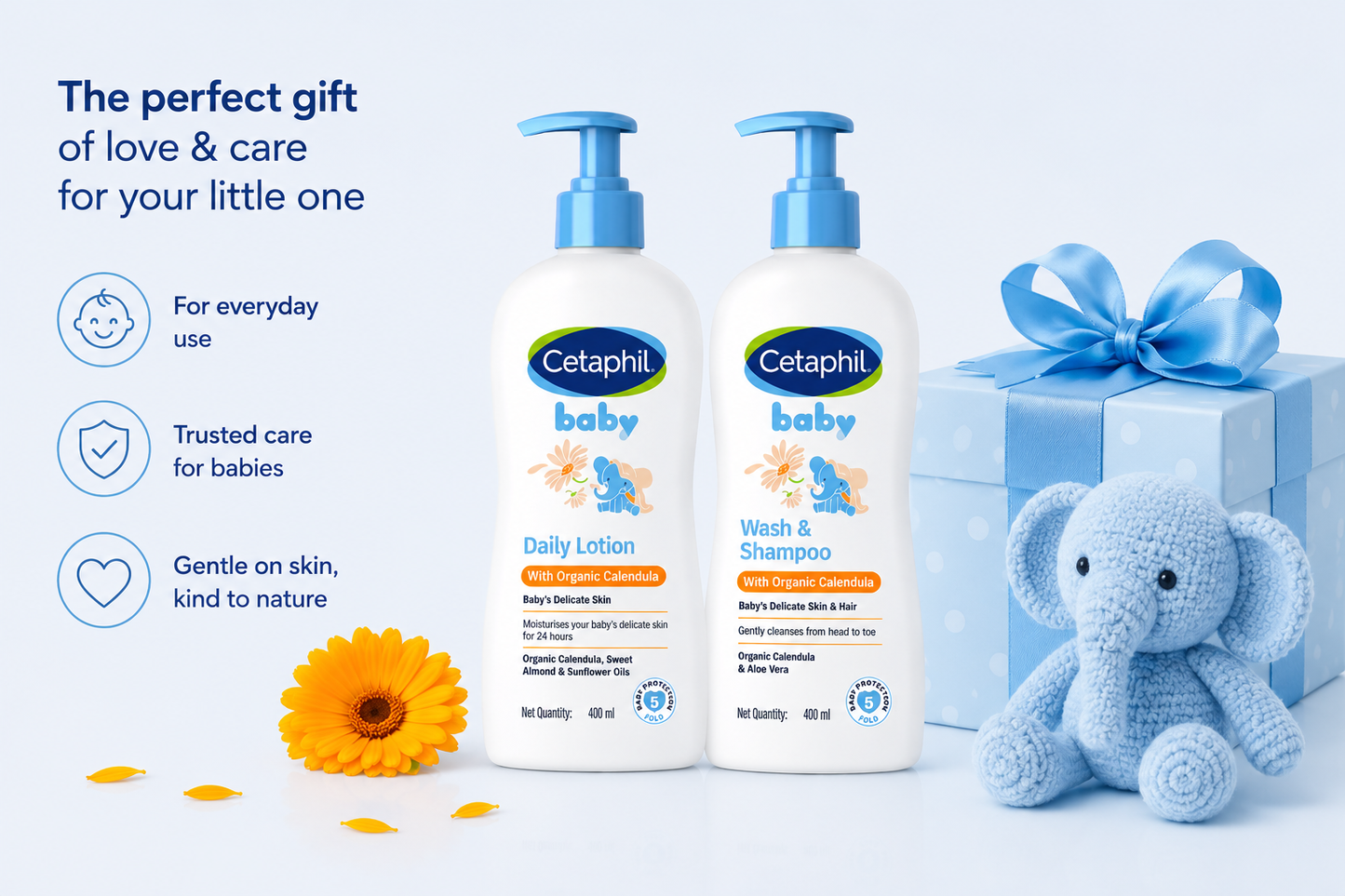 Cetaphil Baby Daily Lotion With Organic Calendula (400 ml) + Wash & Shampoo with Organic Calendula (400ml) combo