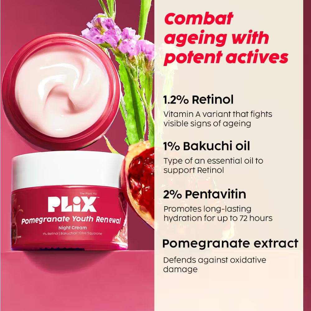 Plix 1.20% Retinol & 1% Bakuchi Oil Pomegranate Anti Ageing Night Cream, Reduce Fine Line & Wrinkles (50 g)