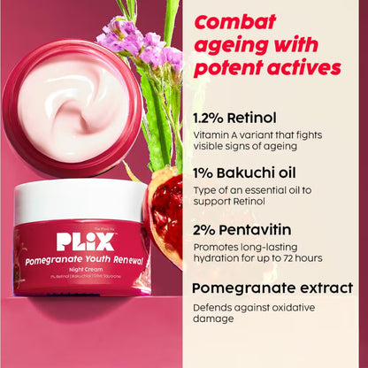 Plix 1.20% Retinol & 1% Bakuchi Oil Pomegranate Anti Ageing Night Cream, Reduce Fine Line & Wrinkles (50 g)