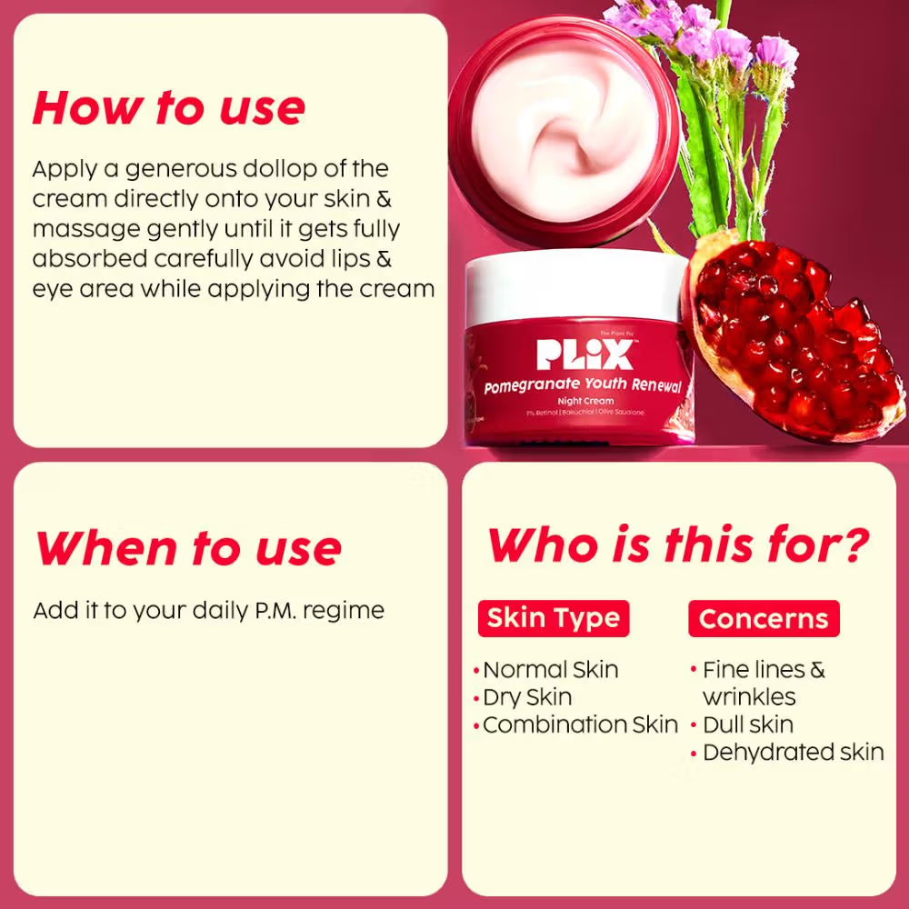 Plix 1.20% Retinol & 1% Bakuchi Oil Pomegranate Anti Ageing Night Cream, Reduce Fine Line & Wrinkles (50 g)