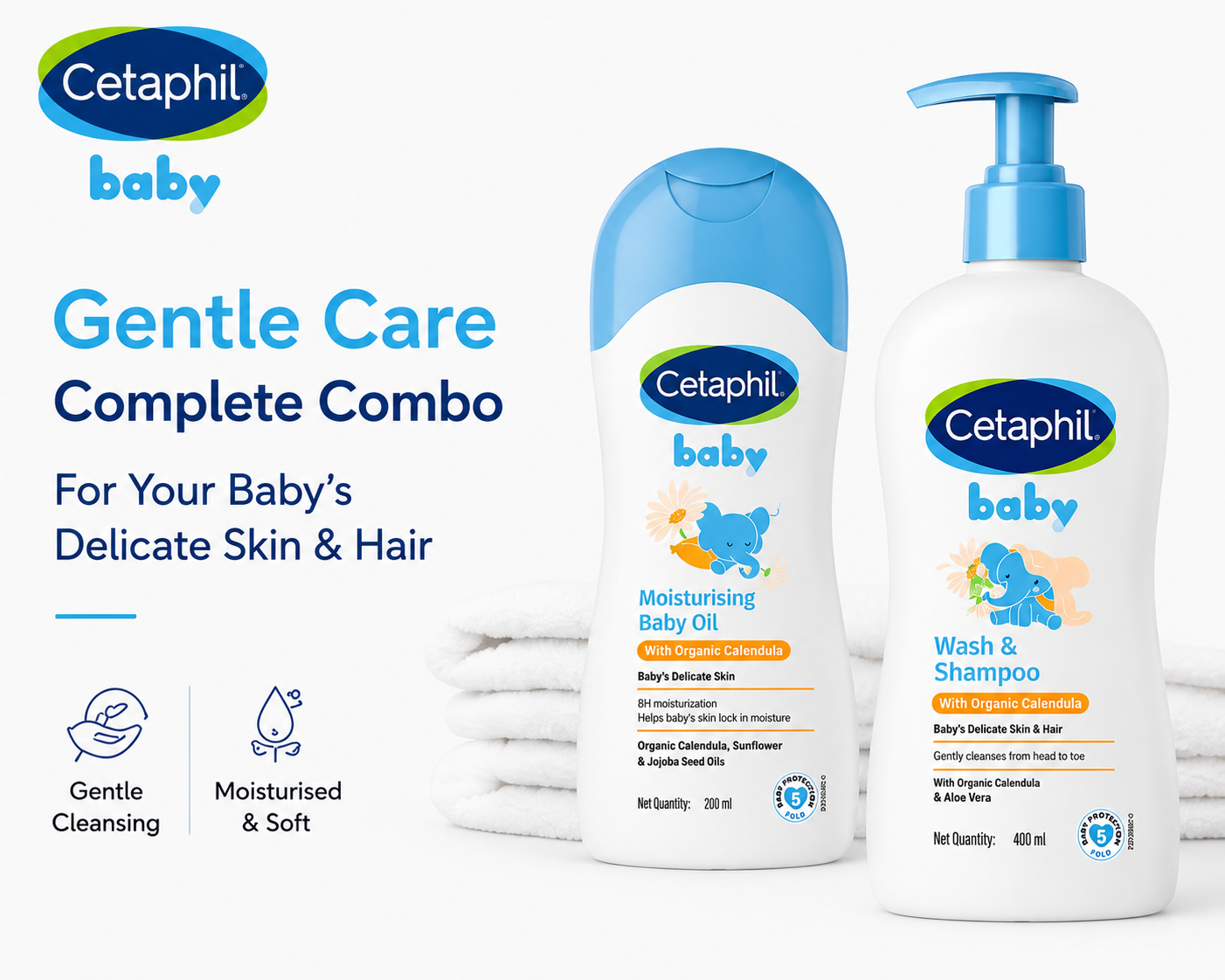 Cetaphil Baby Massage Oil (200ml) + Baby Wash & Shampoo with Organic Calendula (400ml) combo