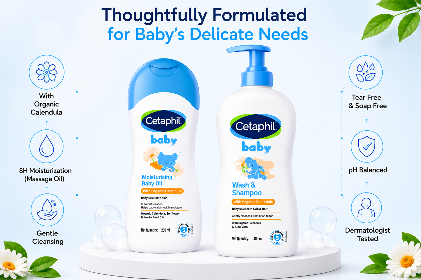 Cetaphil Baby Massage Oil (200ml) + Baby Wash & Shampoo with Organic Calendula (400ml) combo