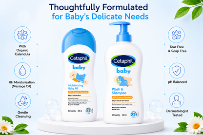 Cetaphil Baby Massage Oil (200ml) + Baby Wash & Shampoo with Organic Calendula (400ml) combo
