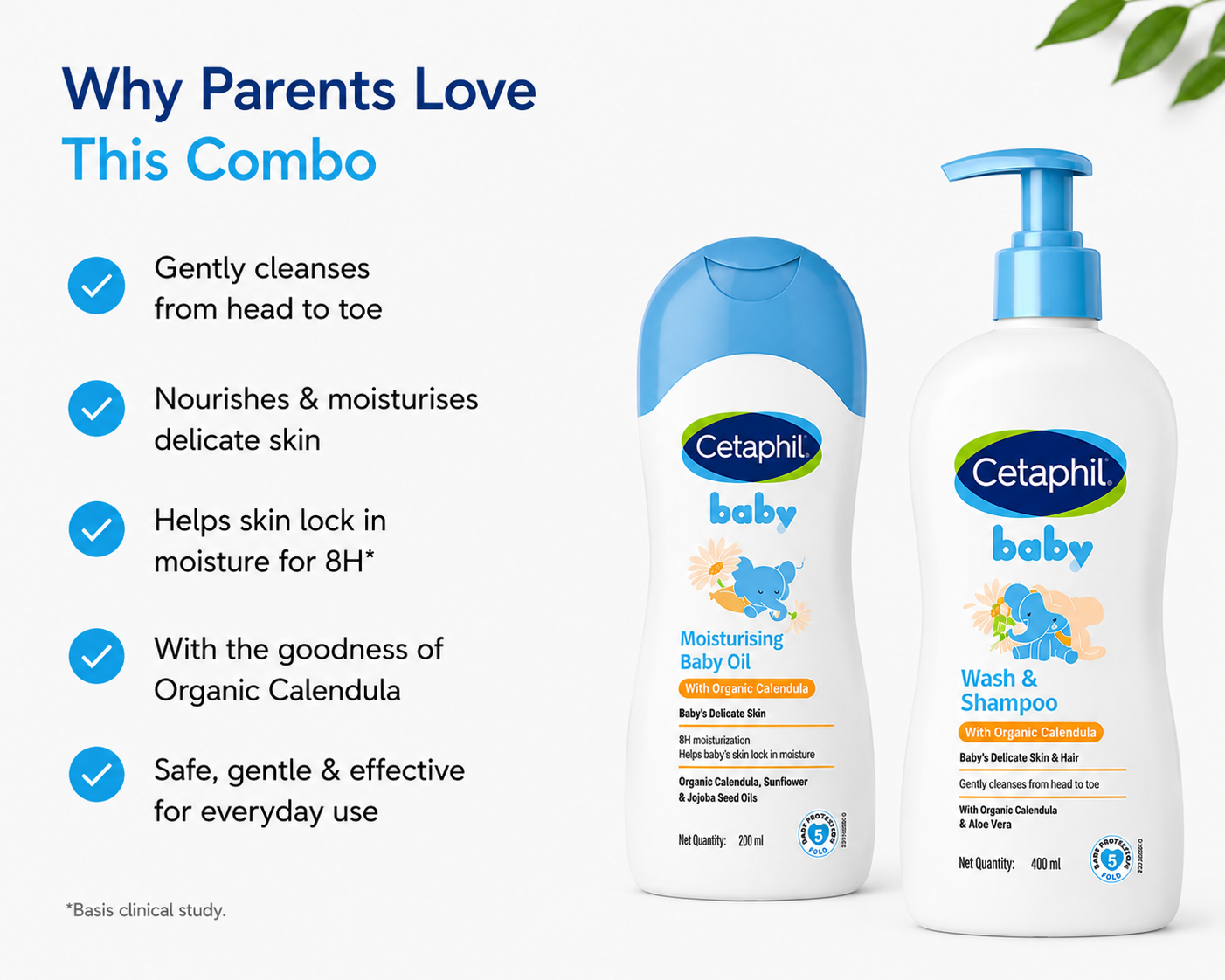 Cetaphil Baby Massage Oil (200ml) + Baby Wash & Shampoo with Organic Calendula (400ml) combo