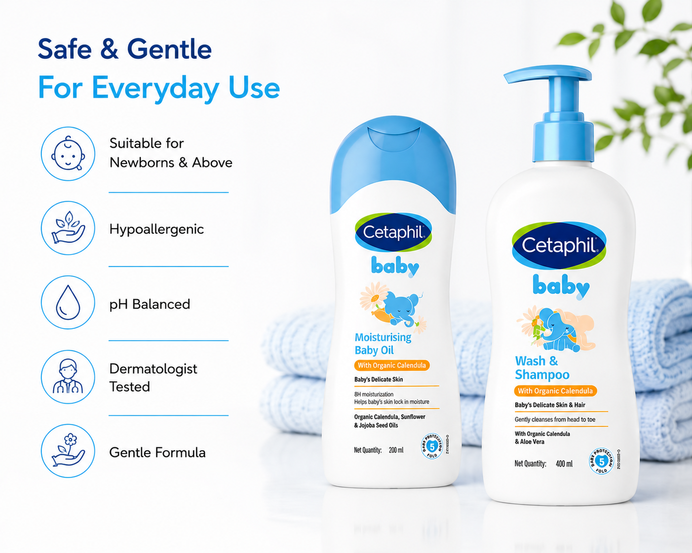 Cetaphil Baby Massage Oil (200ml) + Baby Wash & Shampoo with Organic Calendula (400ml) combo