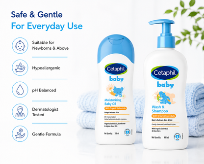 Cetaphil Baby Massage Oil (200ml) + Baby Wash & Shampoo with Organic Calendula (400ml) combo