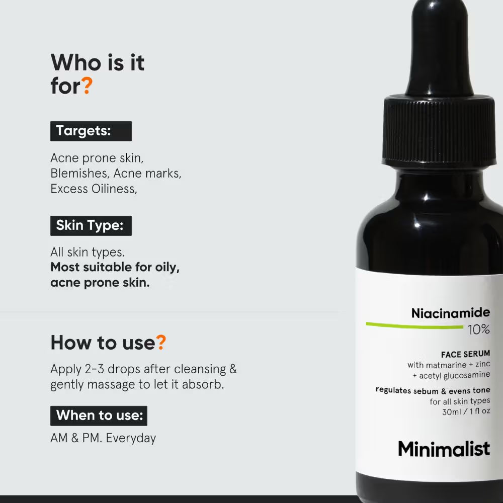 Minimalist 10% Niacinamide Face Serum With Matmarine + Zinc For Reducing Oil & Blemishes (30ml)