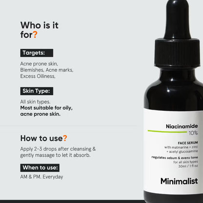 Minimalist 10% Niacinamide Face Serum With Matmarine + Zinc For Reducing Oil & Blemishes (30ml)