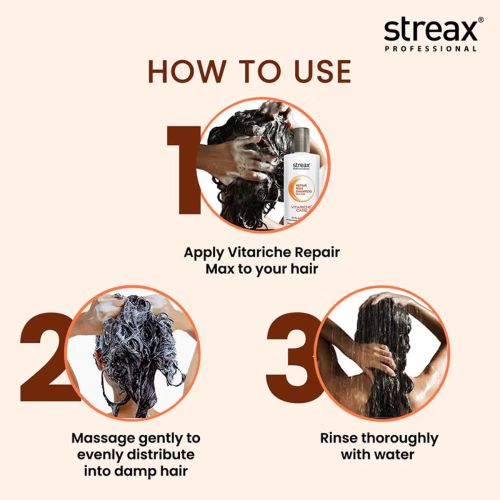 Streax Professional Vitariche Care Repair Max Shampoo For Dry, Damaged Hair (300ml)