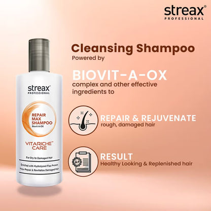 Streax Professional Vitariche Care Repair Max Shampoo For Dry, Damaged Hair (300ml)