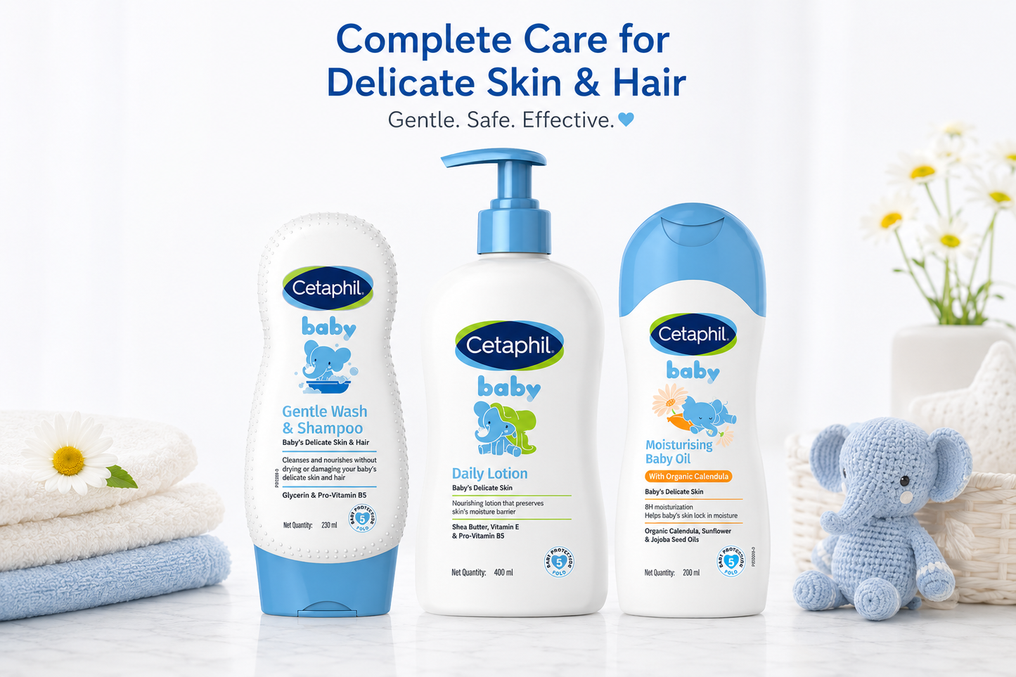 Cetaphil Baby care Complete Essentials combo Gentle Wash & Shampoo (230ml) + Daily Lotion (400ml) + Massage Oil (200ml)