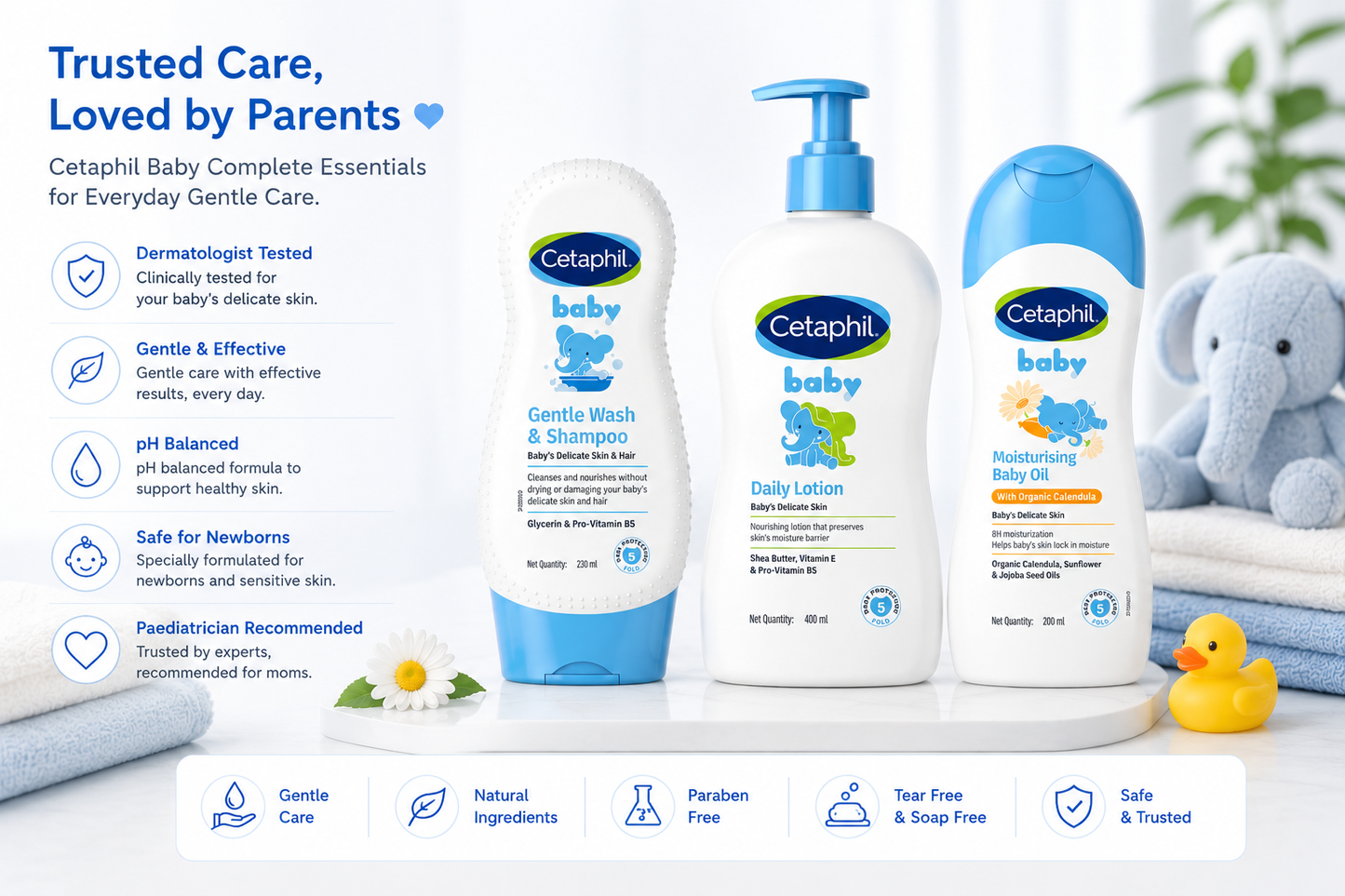 Cetaphil Baby care Complete Essentials combo Gentle Wash & Shampoo (230ml) + Daily Lotion (400ml) + Massage Oil (200ml)