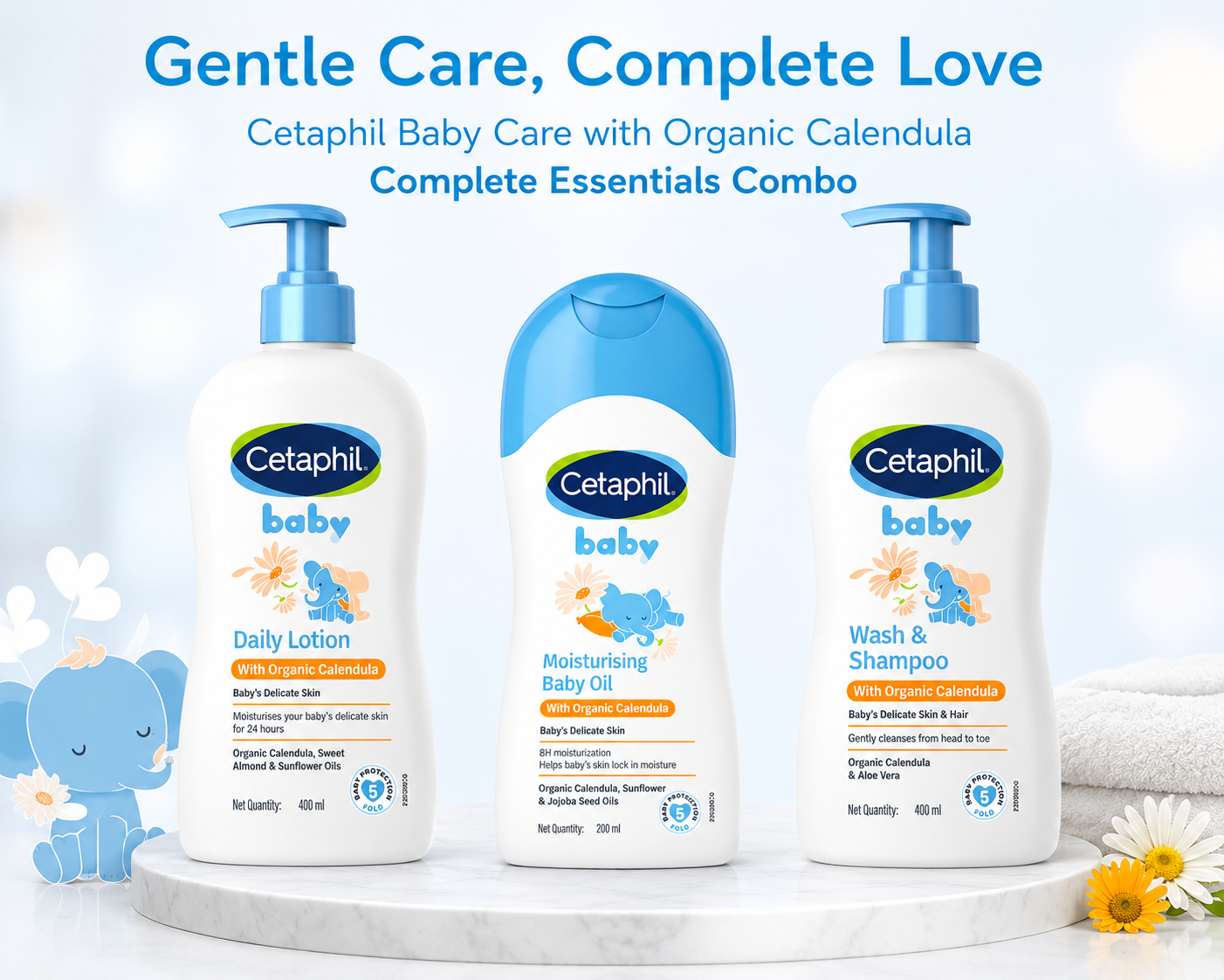 Cetaphil Baby Care with Organic Calendula Complete Essentials Combo Daily Lotion With Organic Calendula (400 ml) + Massage Oil with Organic Calendula (200 ml) + Wash & Shampoo with Organic Calendula (400 ml)