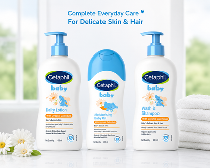 Cetaphil Baby Care with Organic Calendula Complete Essentials Combo Daily Lotion With Organic Calendula (400 ml) + Massage Oil with Organic Calendula (200 ml) + Wash & Shampoo with Organic Calendula (400 ml)