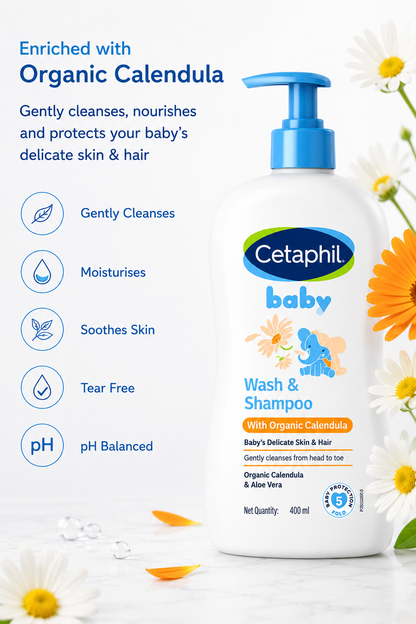Cetaphil Baby Care with Organic Calendula Complete Essentials Combo Daily Lotion With Organic Calendula (400 ml) + Massage Oil with Organic Calendula (200 ml) + Wash & Shampoo with Organic Calendula (400 ml)