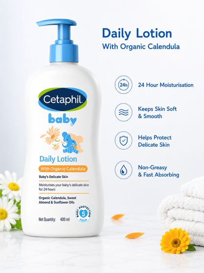Cetaphil Baby Care with Organic Calendula Complete Essentials Combo Daily Lotion With Organic Calendula (400 ml) + Massage Oil with Organic Calendula (200 ml) + Wash & Shampoo with Organic Calendula (400 ml)