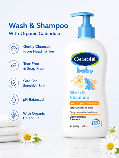 Cetaphil Baby Care with Organic Calendula Complete Essentials Combo Daily Lotion With Organic Calendula (400 ml) + Massage Oil with Organic Calendula (200 ml) + Wash & Shampoo with Organic Calendula (400 ml)