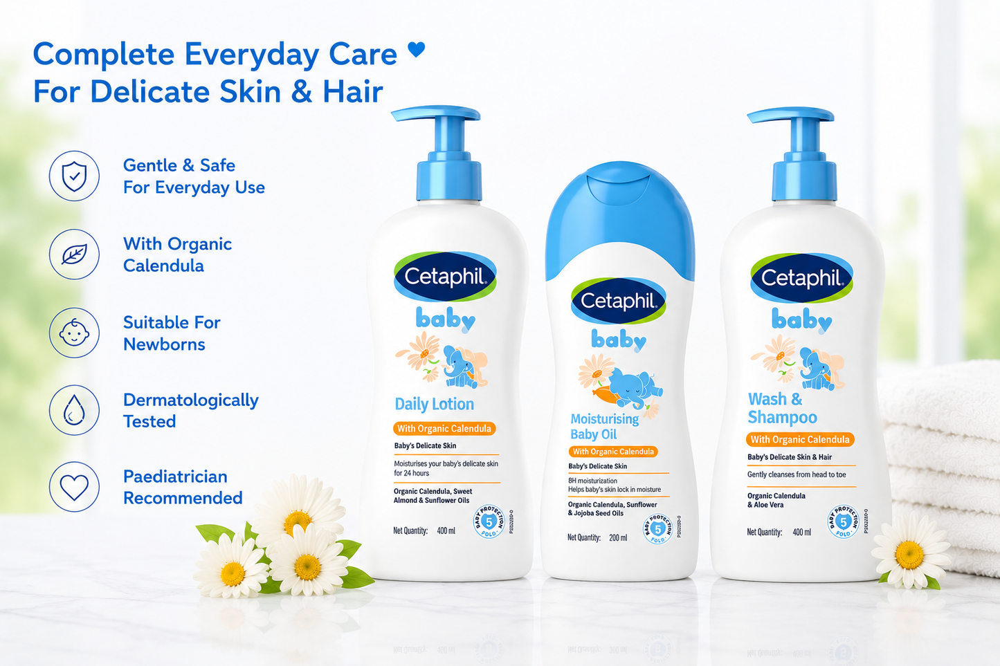 Cetaphil Baby Care with Organic Calendula Complete Essentials Combo Daily Lotion With Organic Calendula (400 ml) + Massage Oil with Organic Calendula (200 ml) + Wash & Shampoo with Organic Calendula (400 ml)