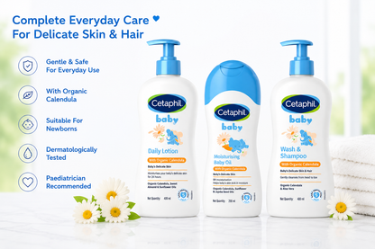 Cetaphil Baby Care with Organic Calendula Complete Essentials Combo Daily Lotion With Organic Calendula (400 ml) + Massage Oil with Organic Calendula (200 ml) + Wash & Shampoo with Organic Calendula (400 ml)