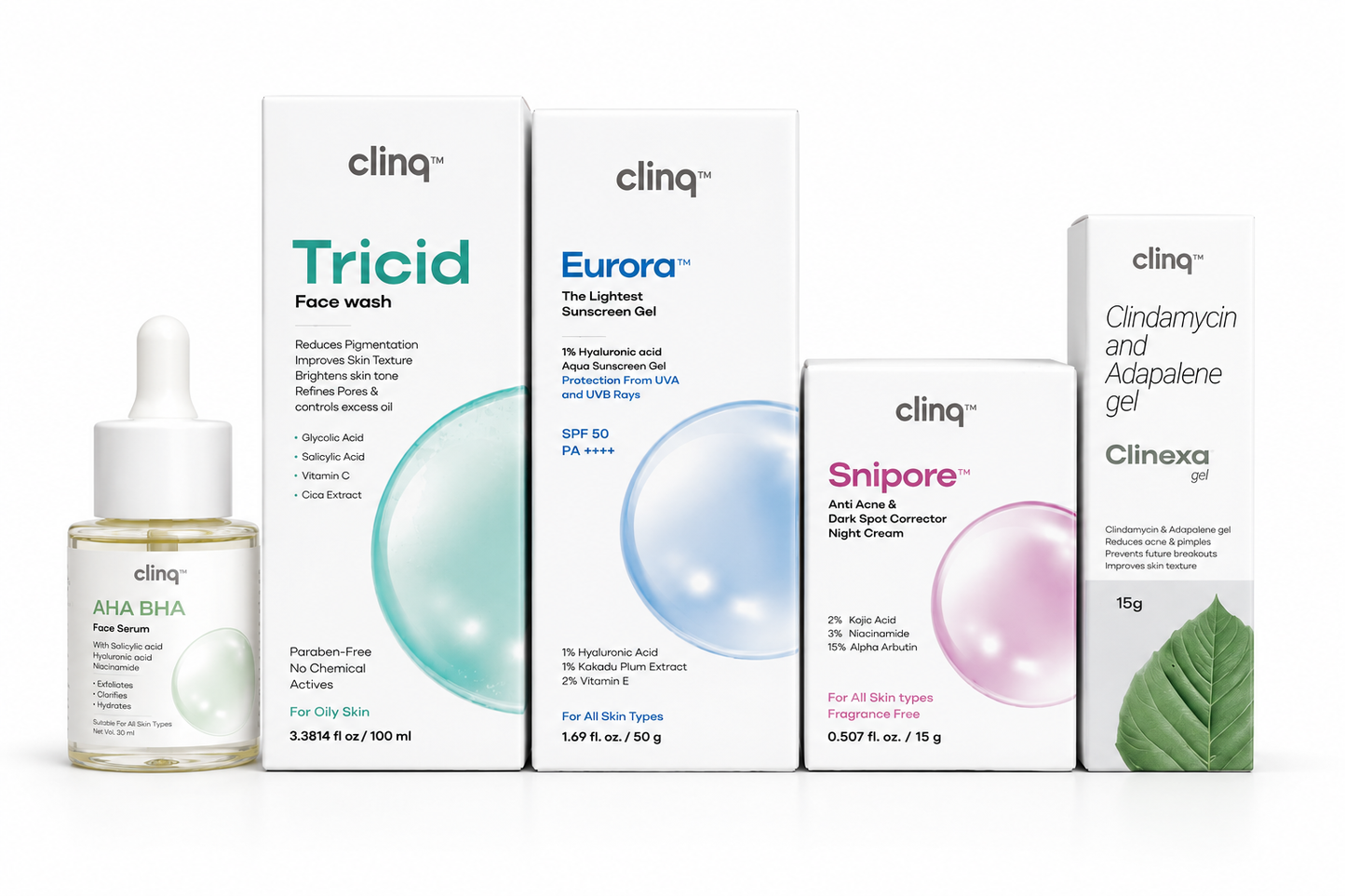 The Clinq Acne Control & Brightening Skincare Kit | Salicylic Acid Face Wash, AHA BHA Serum, SPF 50 Sunscreen & Pigmentation Care