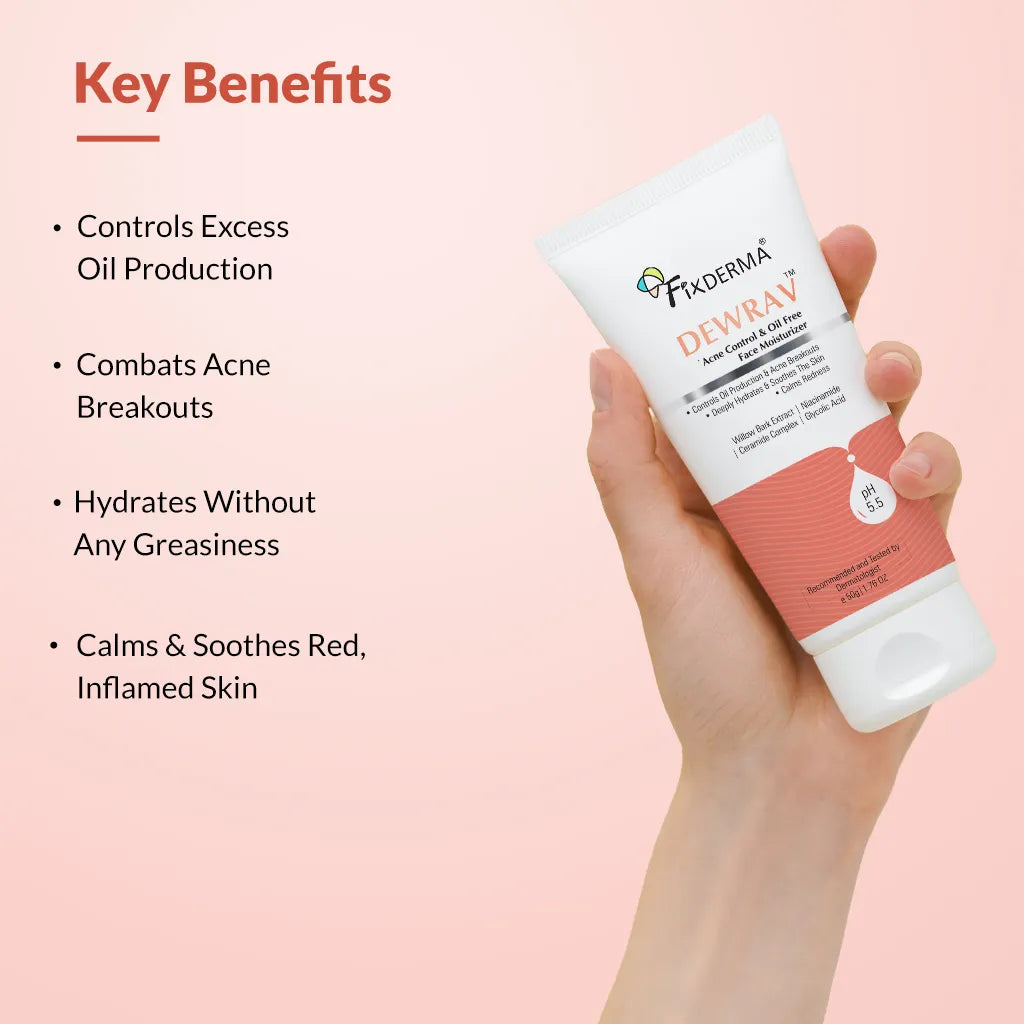 Fix Derma  Dewrav Acne Control & Oil Free Face Moisturizer | Non-Greasy Hydration for Acne-Prone Skin(50g)