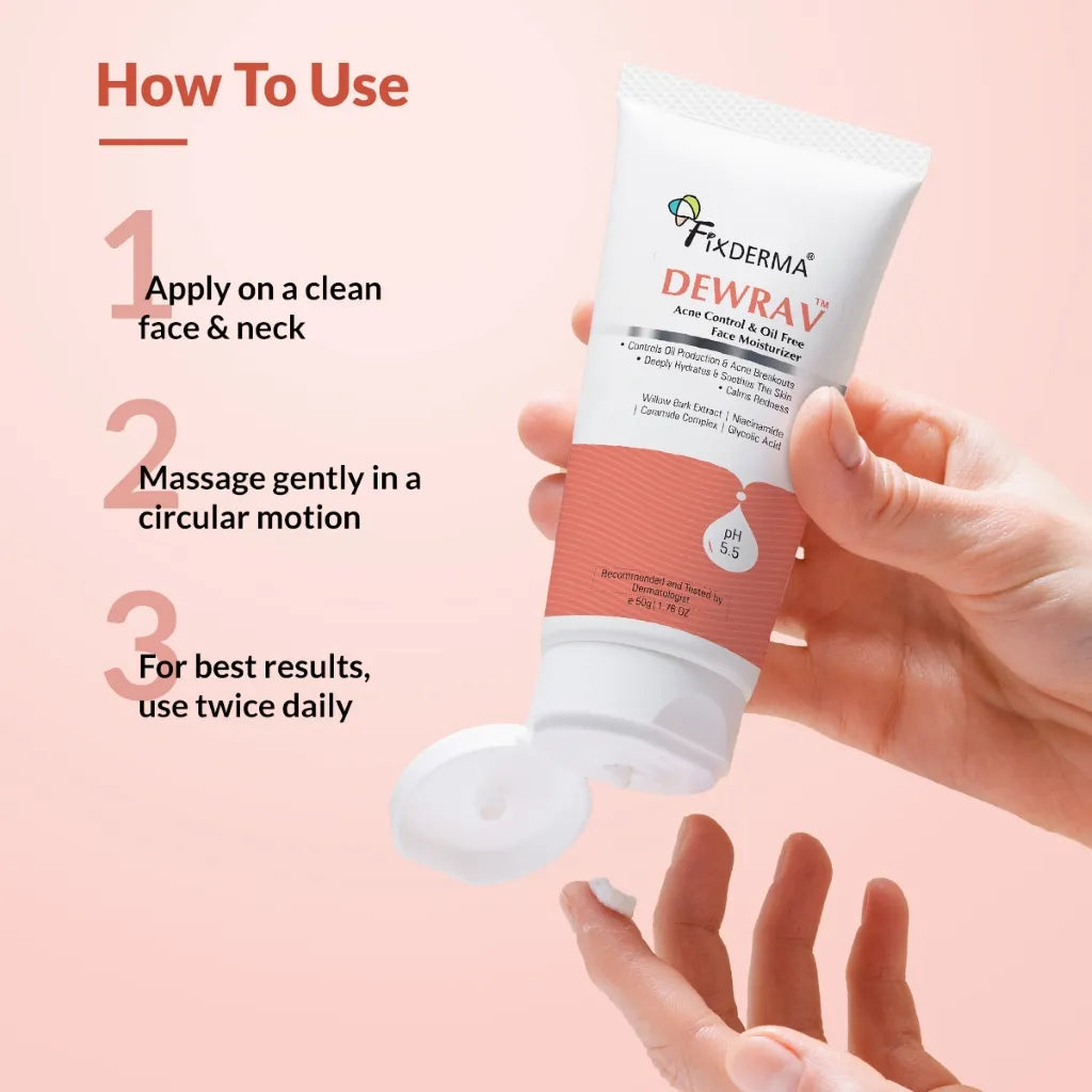 Fix Derma  Dewrav Acne Control & Oil Free Face Moisturizer | Non-Greasy Hydration for Acne-Prone Skin(50g)