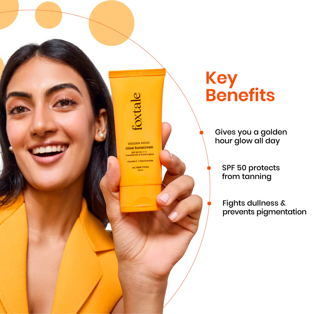 Foxtale Glow Sunscreen SPF 50 PA++++ with Vitamin C & Niacinamide for a Dewy Glow (50ml)