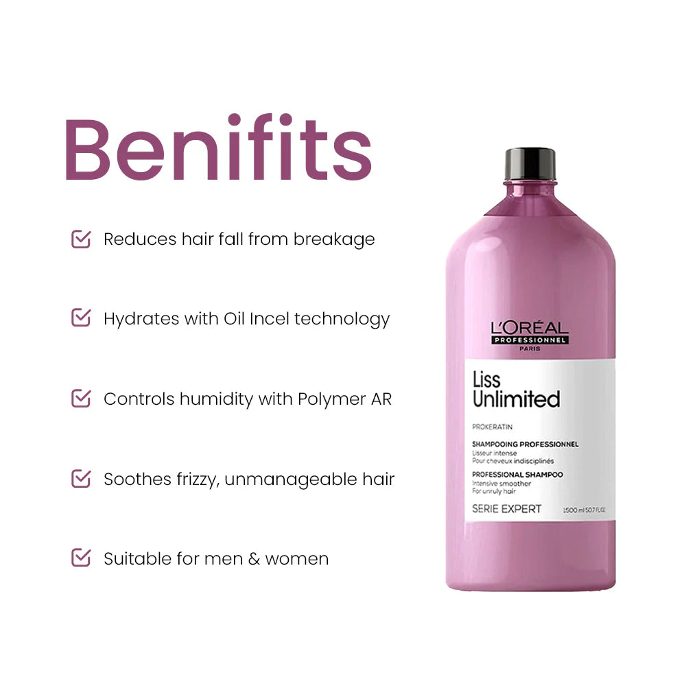 L'Oréal Professionnel Liss Unlimited Shampoo, Upto 96 hours of frizz control, With Pro-Keratin (1500ml)