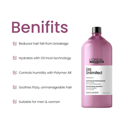 L'Oréal Professionnel Liss Unlimited Shampoo, Upto 96 hours of frizz control, With Pro-Keratin (1500ml)