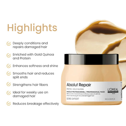 L'Oréal Professionnel Absolut Repair Mask For Dry and Damaged Hair With Protein & Omega-9. (490 G)