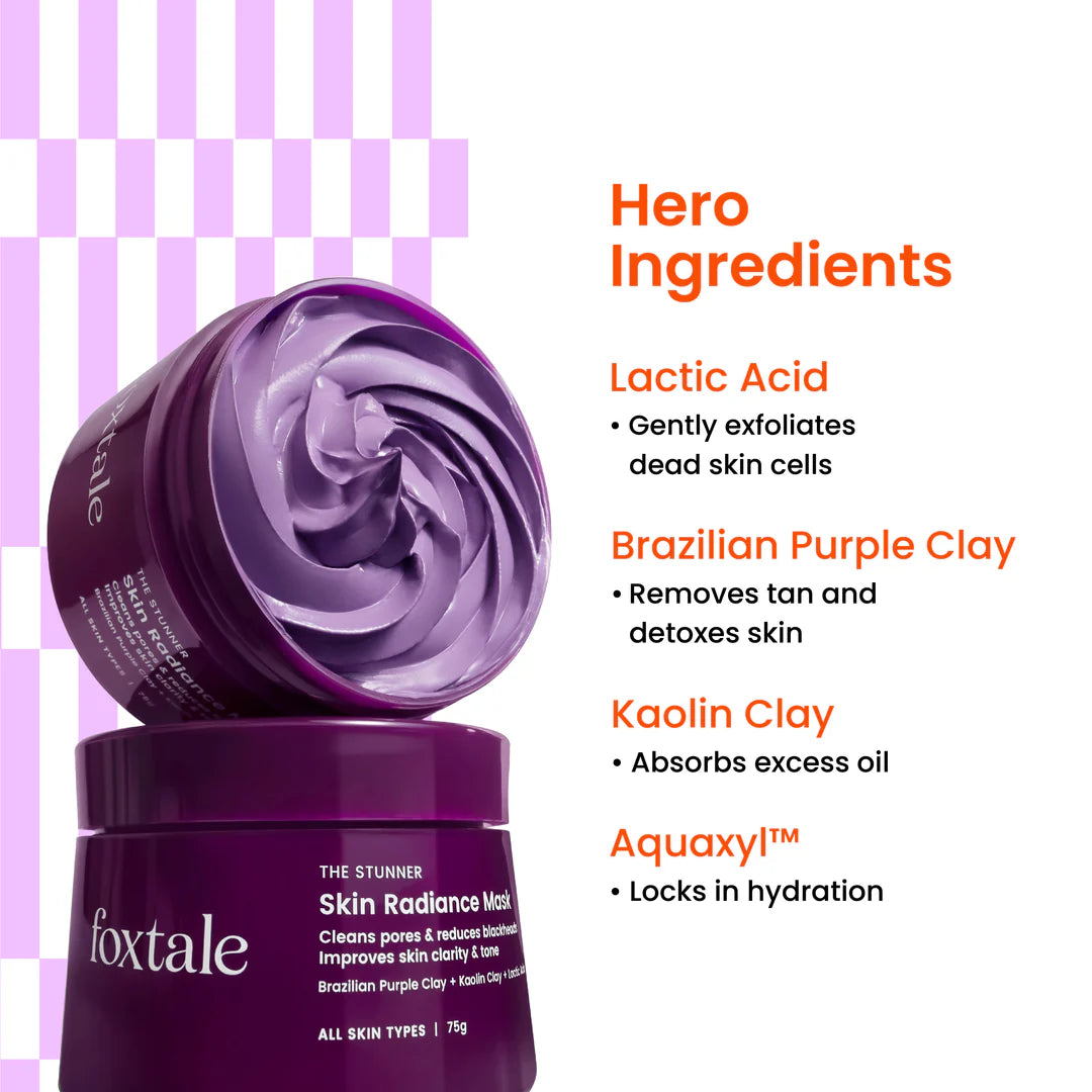 Foxtale De-Tan Skin Radiance Mask, With Lactic Acid, Brazilian Purple Clay & Kaolin Clay (75g)