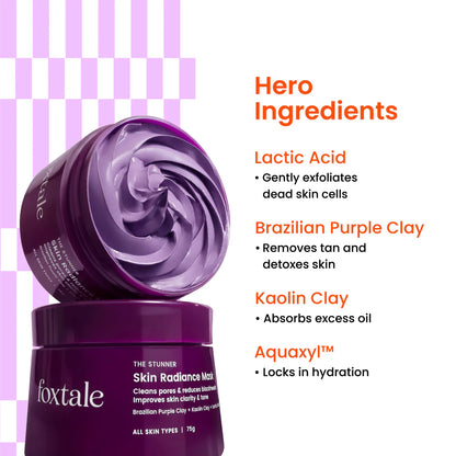 Foxtale De-Tan Skin Radiance Mask, With Lactic Acid, Brazilian Purple Clay & Kaolin Clay (75g)